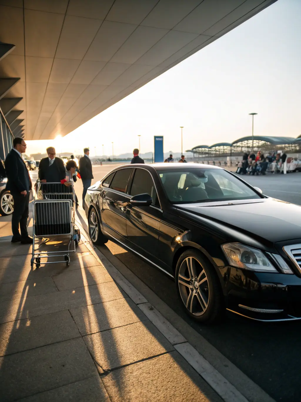 A luxurious black sedan waiting at the airport terminal, with a chauffeur standing beside it, ready to assist with luggage. The scene is set during a sunny day, conveying a sense of efficiency and high-end service for airport transfers.
